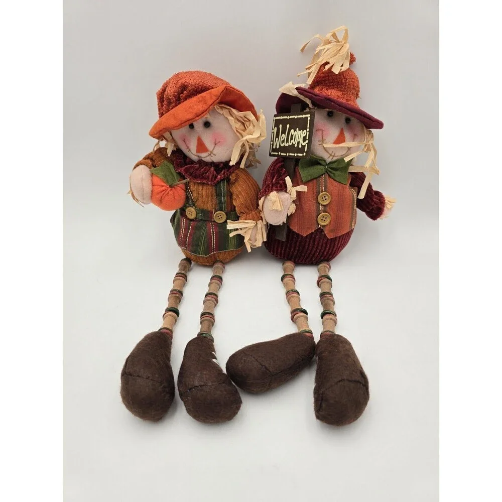 Scarecrow Couple Shelf Sitters Spool Bead Legs Welcome Sign‎ Autumn Decor 17